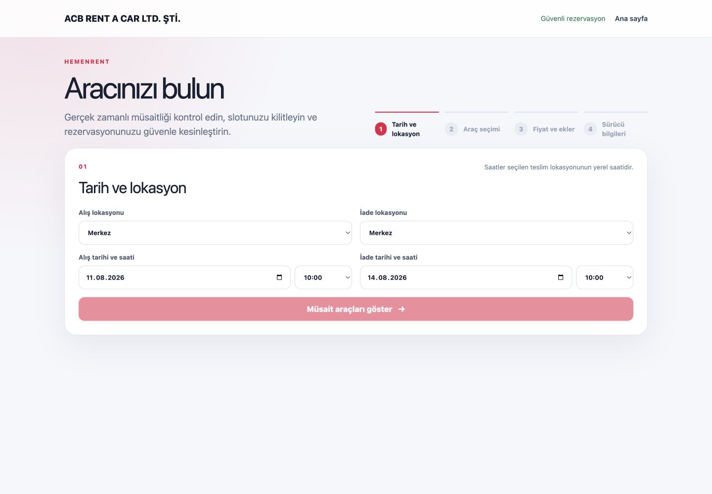 HemenRent rezervasyon tarih ve lokasyon seçim ekranı