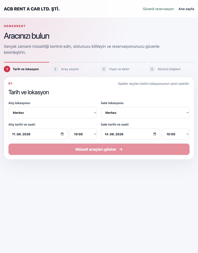 HemenRent tablet rezervasyon ekranı